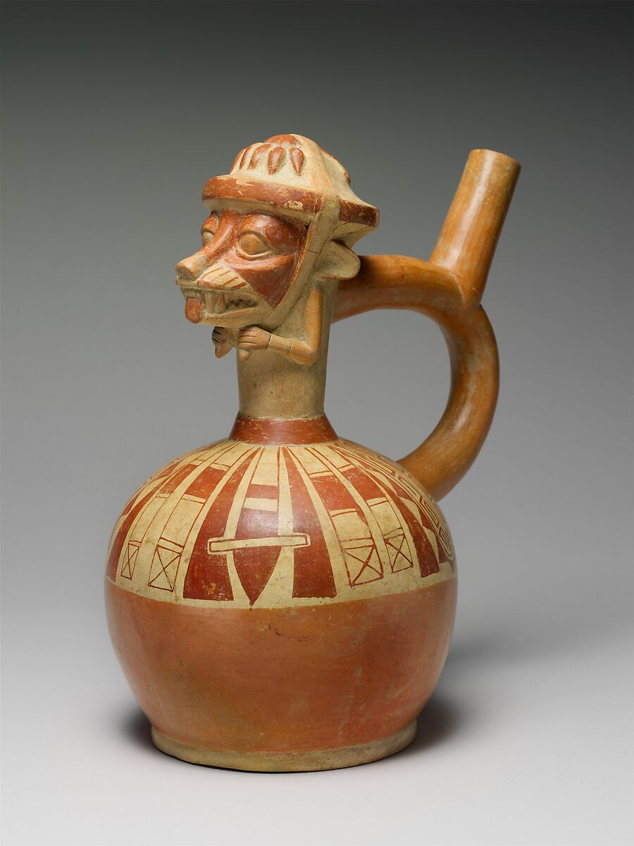 Fox Warrior Bottle, Ceramic, slip, pigment, Moche 