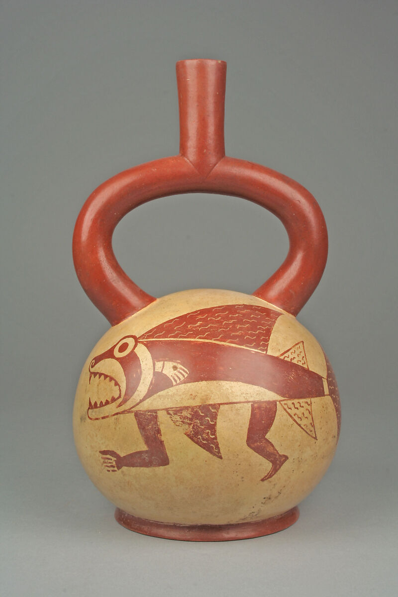 Stirrup Spout Bottle with Sea Monster, Ceramic, slip, pigment, Moche 