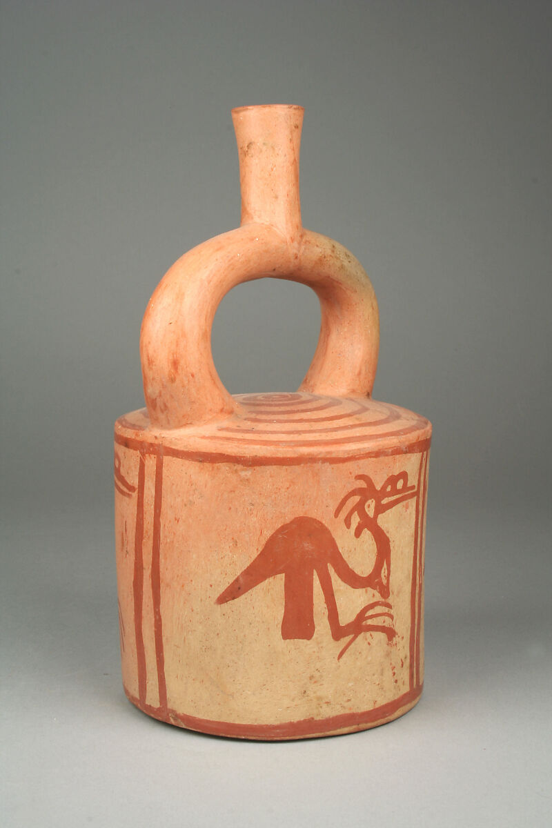 Stirrup Spout Bottle with Long Necked Birds, Ceramic, slip, pigment, Moche 