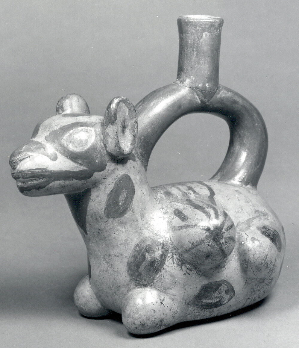Stirrup Spout Bottle with Reclining Llama, Ceramic, slip, pigment, Moche