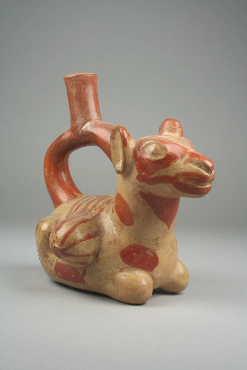 Stirrup Spout Bottle with Reclining Llama, Ceramic, slip, pigment, Moche 