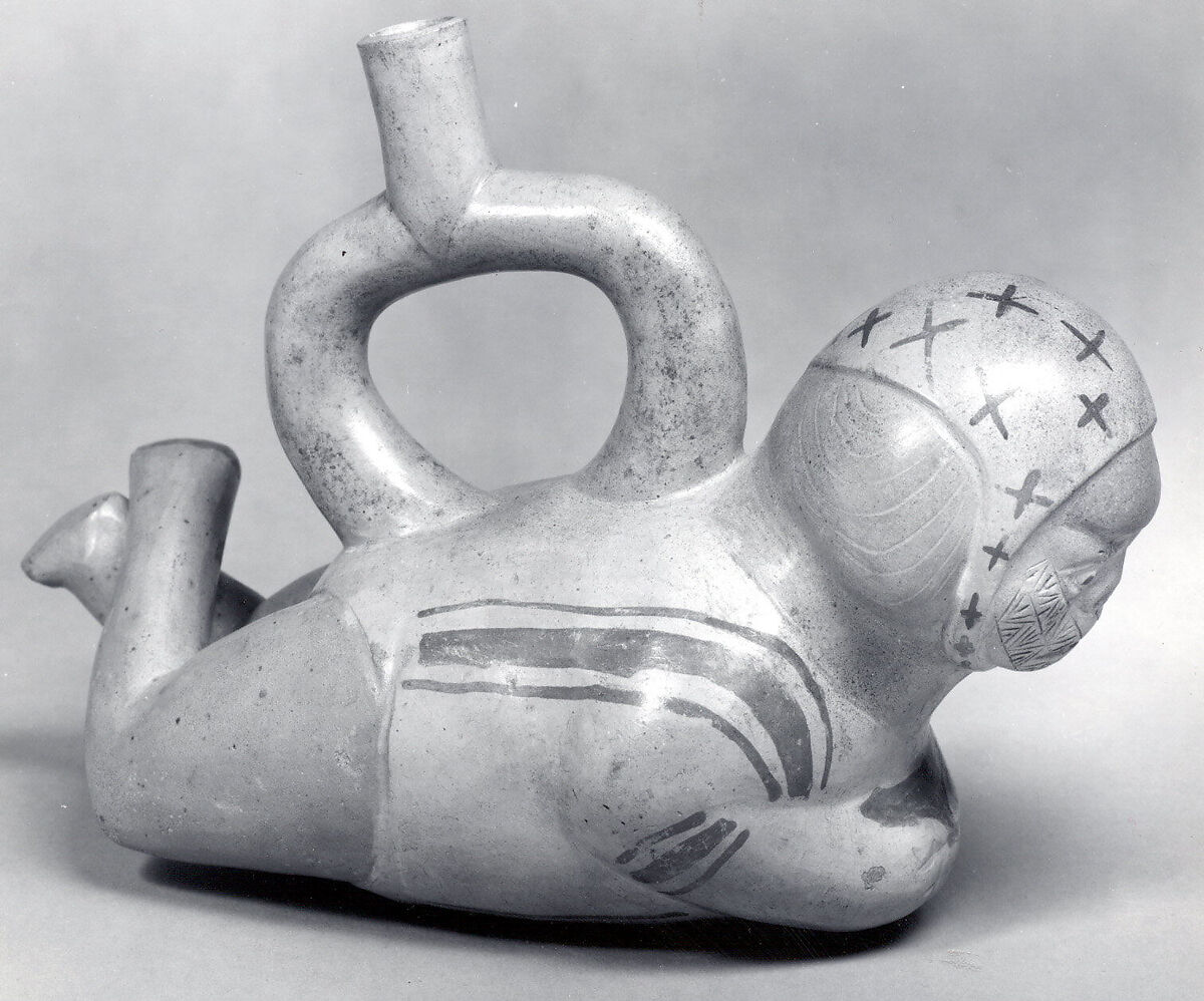 Stirrup Spout Bottle with Reclining Figure, Ceramic, slip, pigment, Moche
