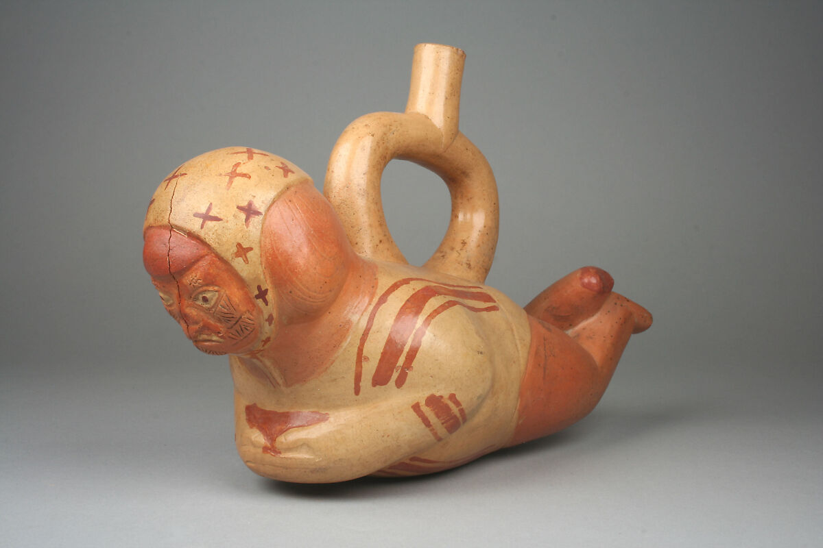 Stirrup Spout Bottle with Reclining Figure, Ceramic, slip, pigment, Moche 