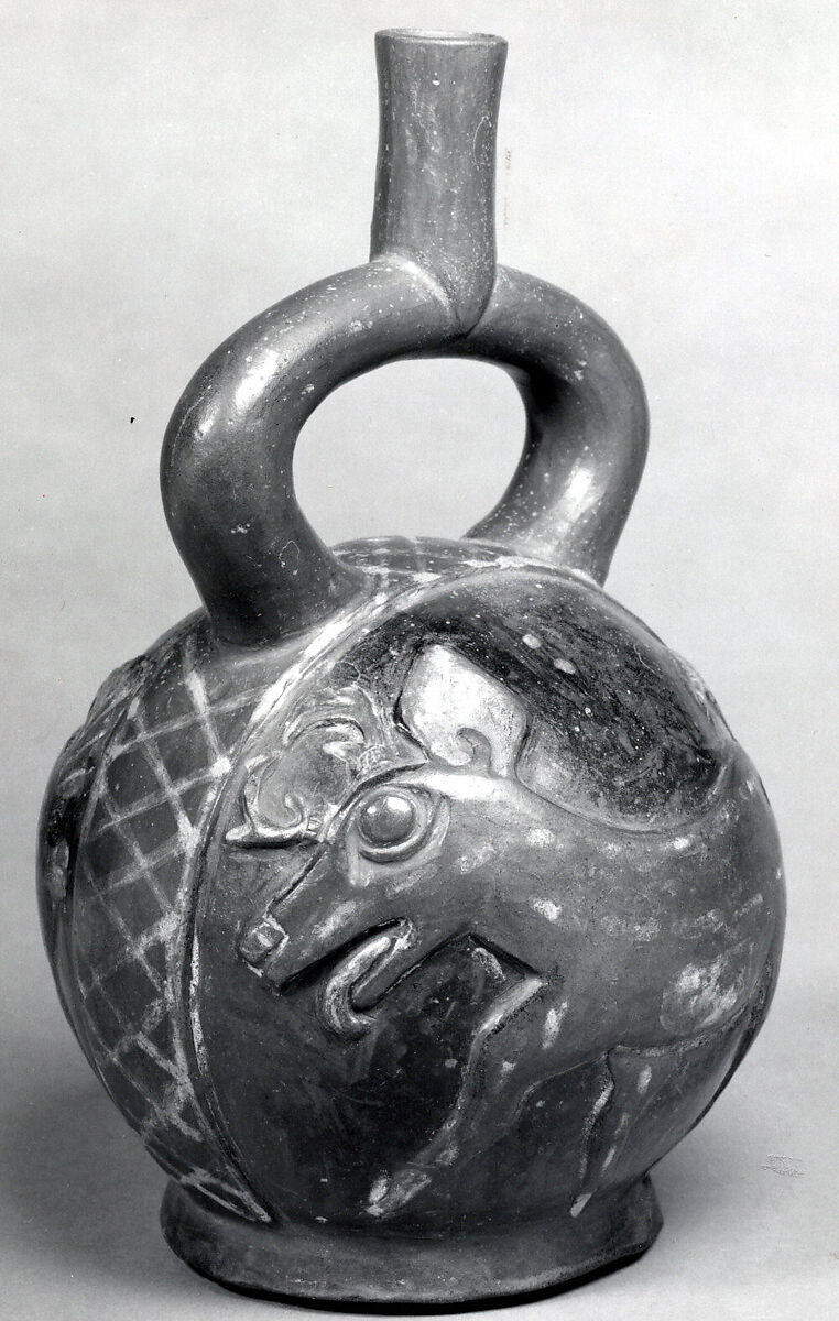 Stirrup Spout Bottle with Deer, Ceramic, slip, pigment, Moche