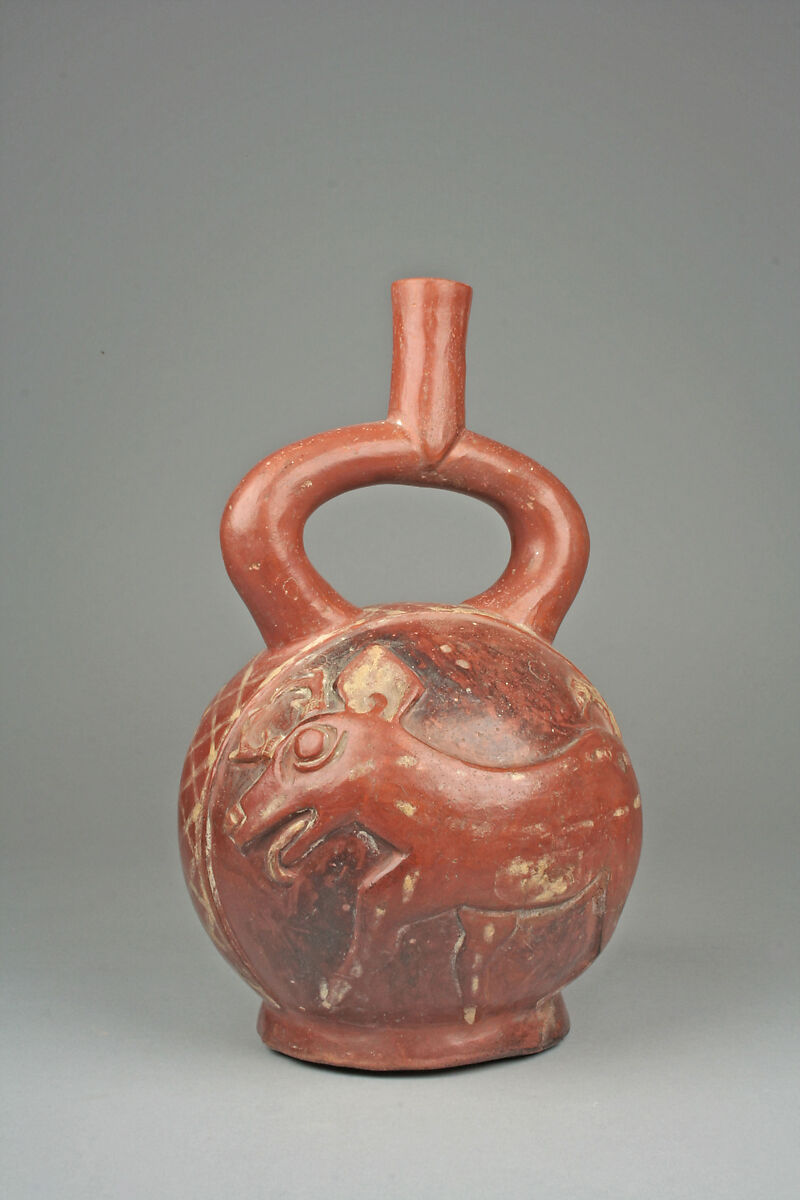 Stirrup Spout Bottle with Deer, Ceramic, slip, pigment, Moche 