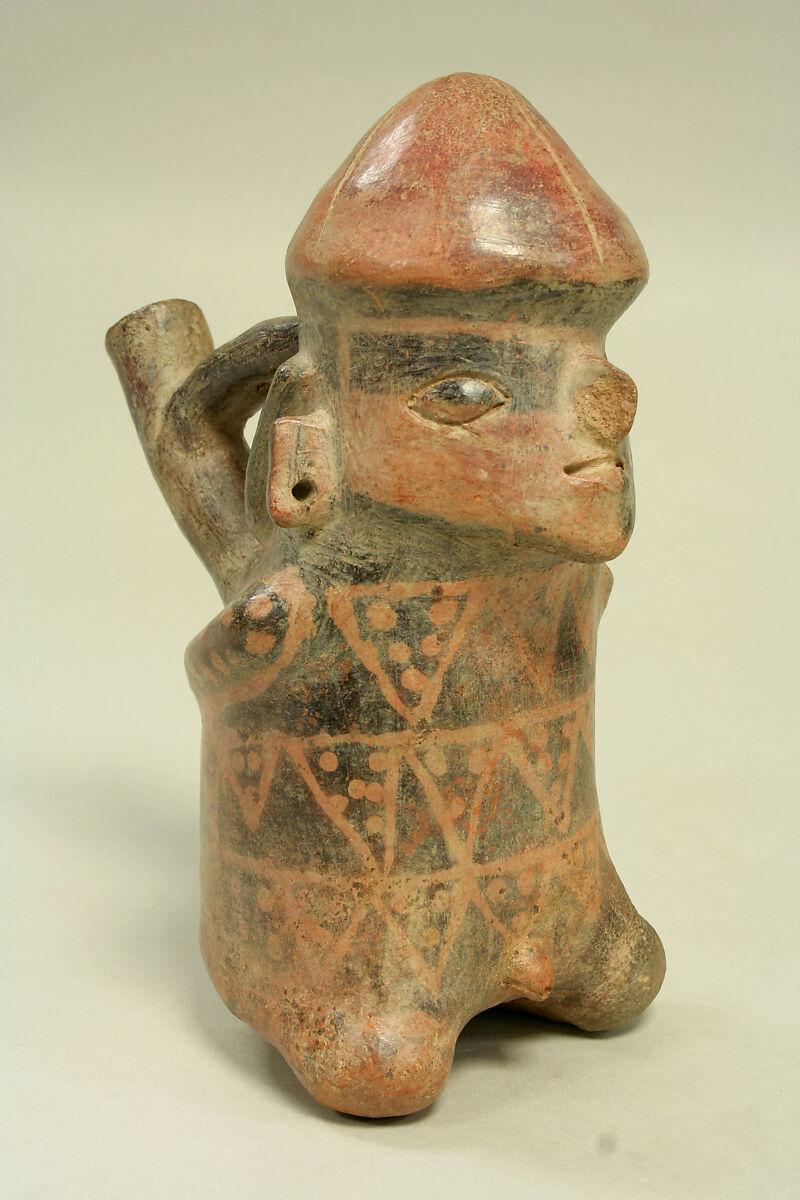 Bridge and Spout Bottle with Seated Prisoner, Ceramic, pigment, Vicús