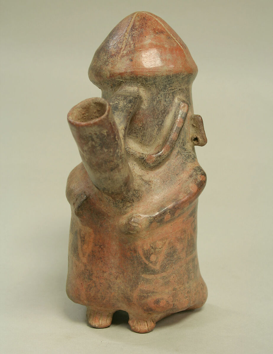 Bridge and Spout Bottle with Seated Prisoner, Ceramic, pigment, Vicús