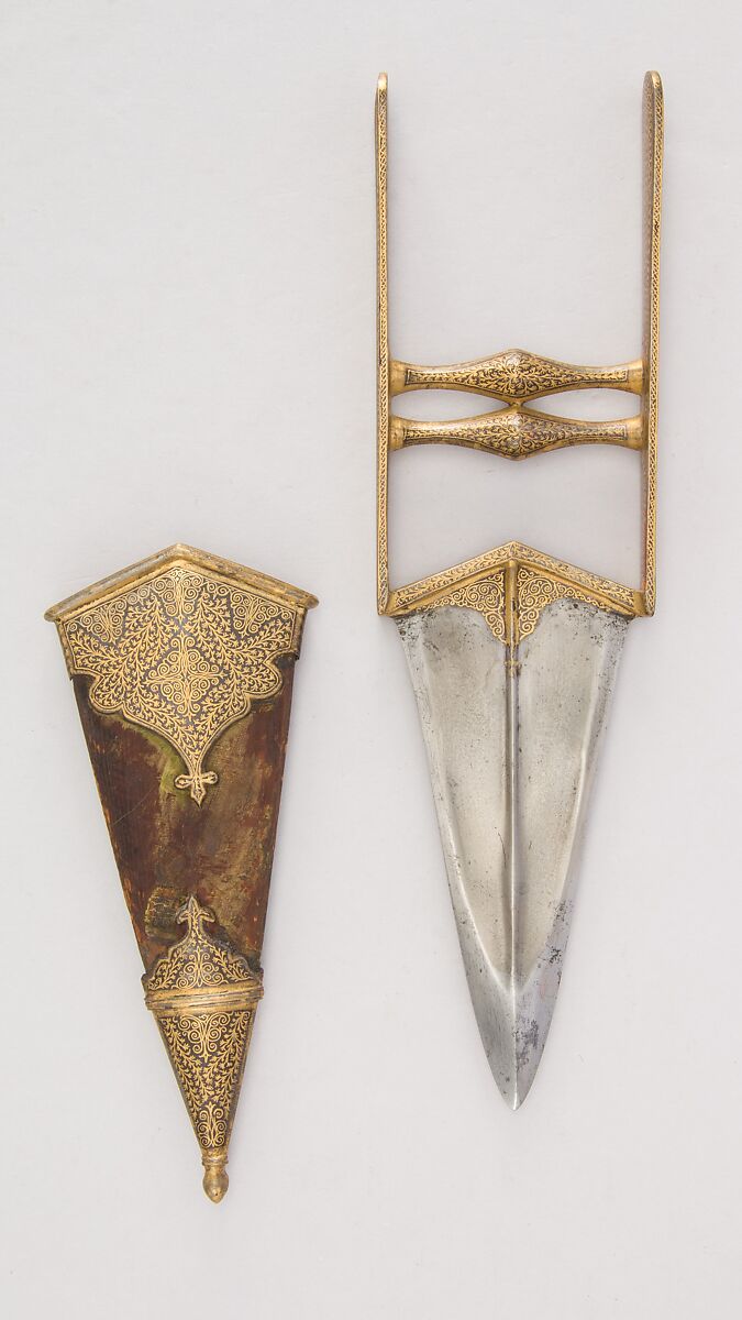 Dagger (Katar) with Sheath, Steel, gold, wood, velvet, Indian 