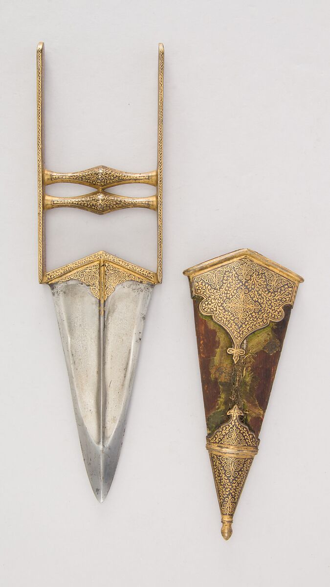 Dagger (Katar) with Sheath, Steel, gold, wood, velvet, Indian