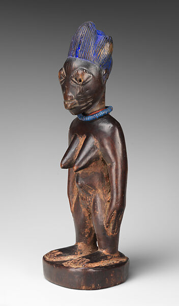 Twin Figure: Female (Ibeji), Oyo-Yoruba artist, Wood, camwood powder, beads, pigment, Oyo-Yoruba peoples