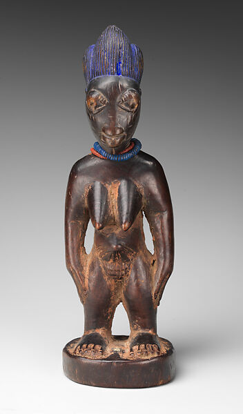 Twin Figure: Female (Ibeji), Wood, camwood powder, beads, pigment, Yoruba peoples, Oyo group 