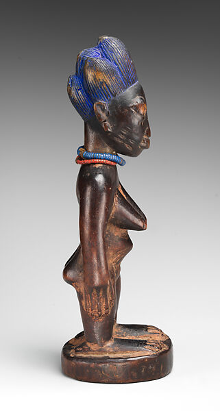 Twin Figure: Female (Ibeji), Oyo-Yoruba artist, Wood, camwood powder, beads, pigment, Oyo-Yoruba peoples