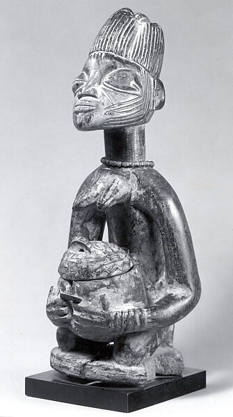 Sango Shrine Figure: Kneeling Female with Bowl, Yoruba artist, Wood, beads, red powder, Yoruba peoples
