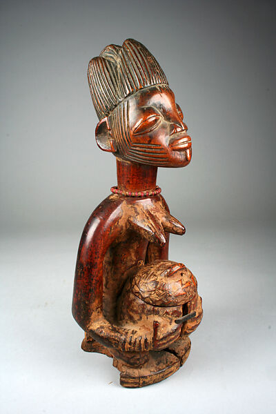 Sango Shrine Figure: Kneeling Female with Bowl, Wood, beads, red powder, Yoruba peoples 