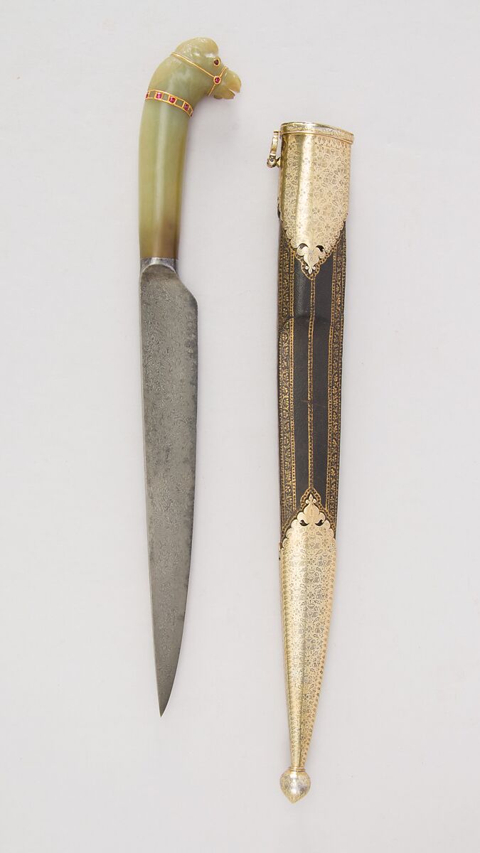 Knife with Sheath, Steel, jade, gold, ruby, gemstone, leather, silver, Indian, Mughal