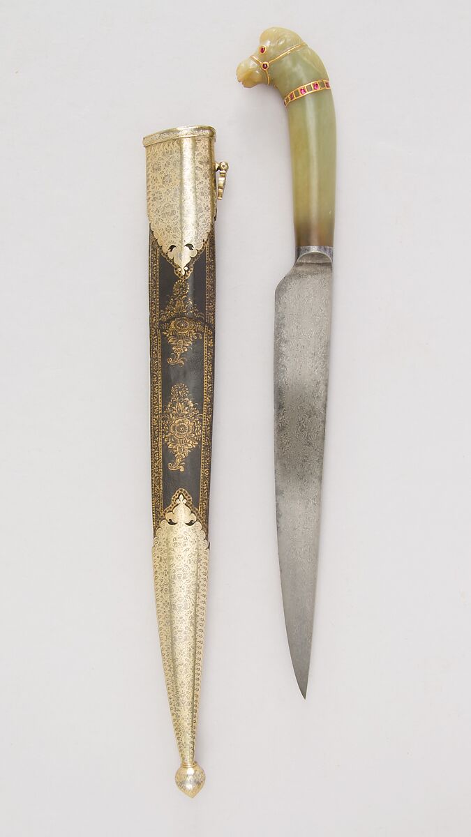 Knife with Sheath, Steel, jade, gold, ruby, gemstone, leather, silver, Indian, Mughal 