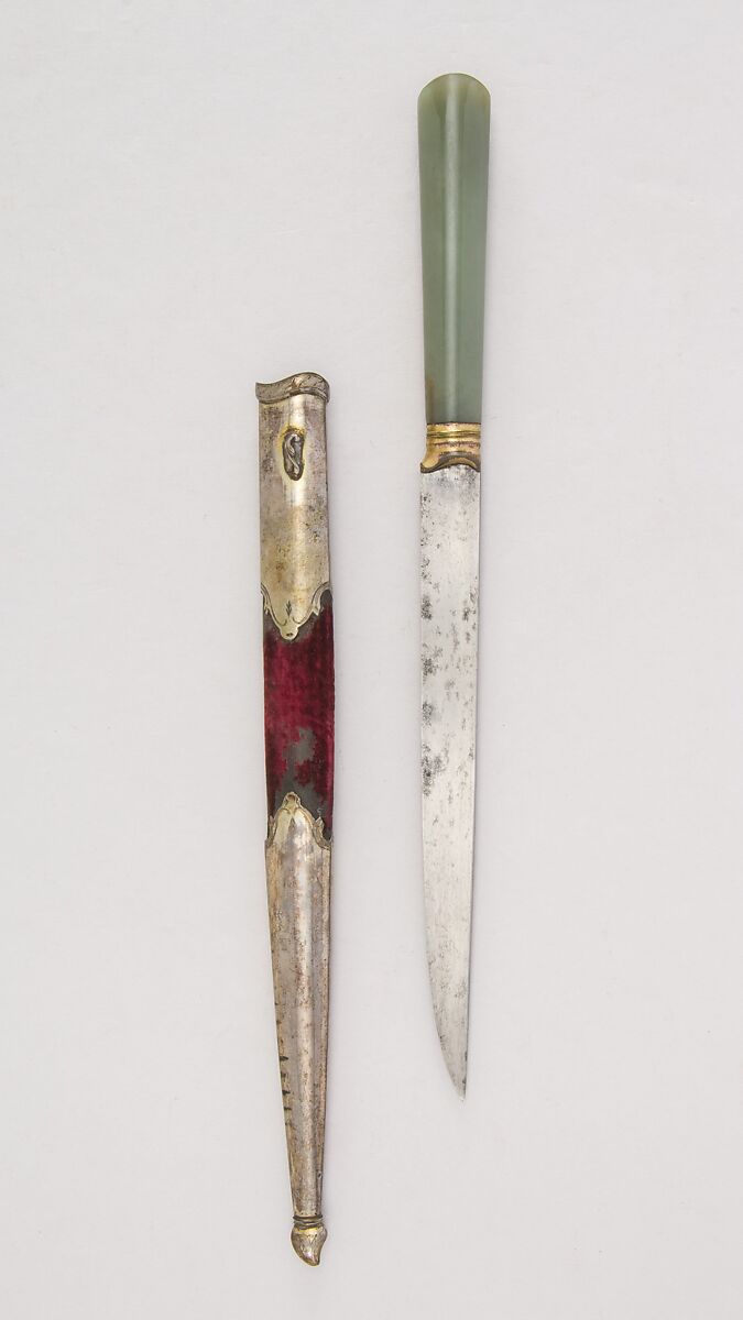 Knife with Sheath, Steel, jade, silver, velvet, wood, Turkish 