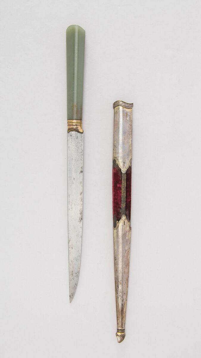 Knife with Sheath, Steel, jade, silver, velvet, wood, Turkish