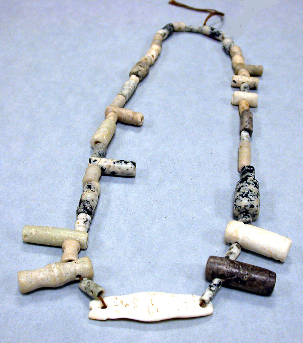 long Mexican Deco silver and stone Necklace ~ ancient beads and