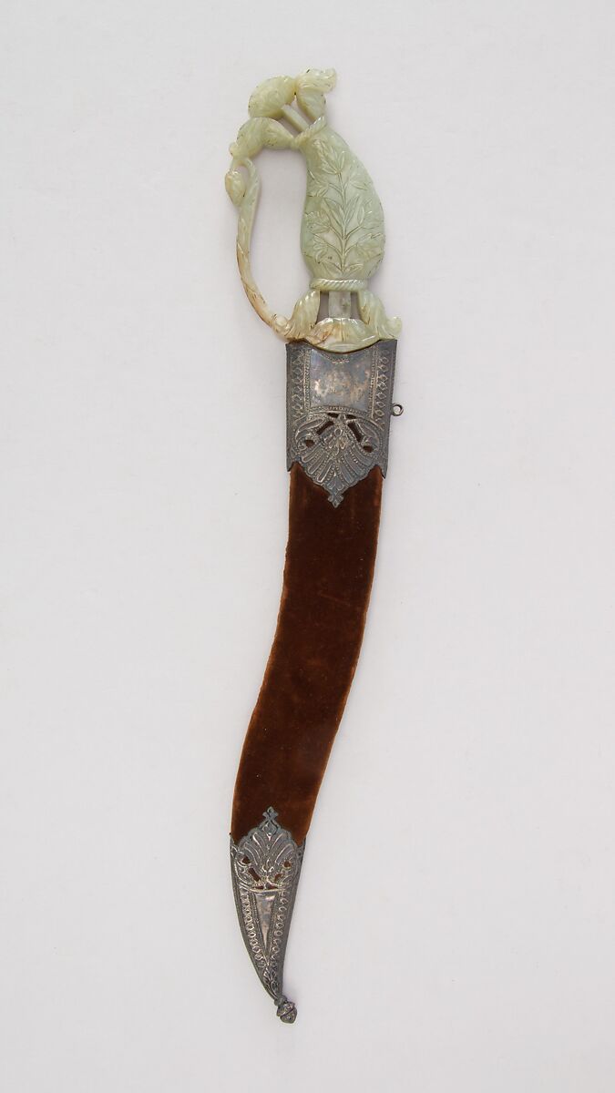 Dagger (Jambiya) with Sheath, Steel, jade, silver, velvet, wood, Indian