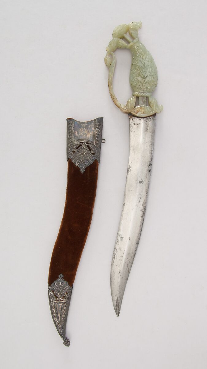 Dagger (Jambiya) with Sheath, Steel, jade, silver, velvet, wood, Indian 