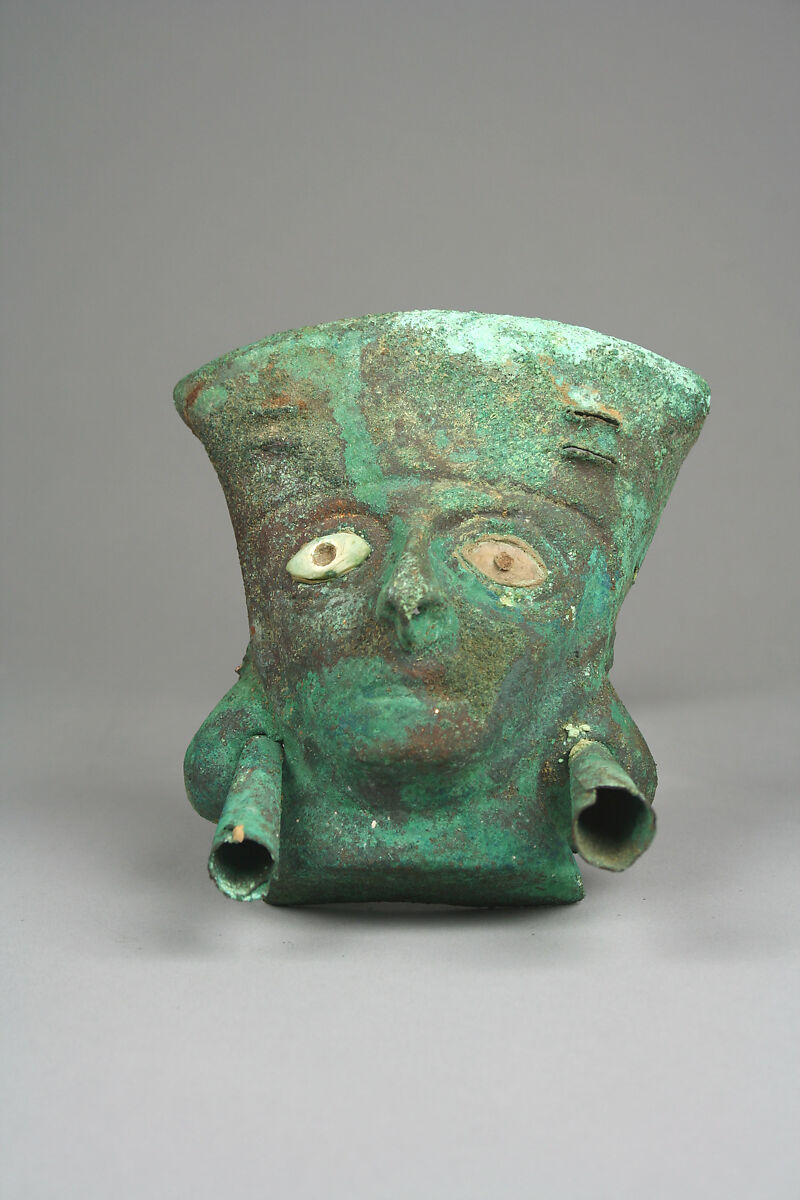 Face Mask Ornament, Gilded copper, shell, Moche 