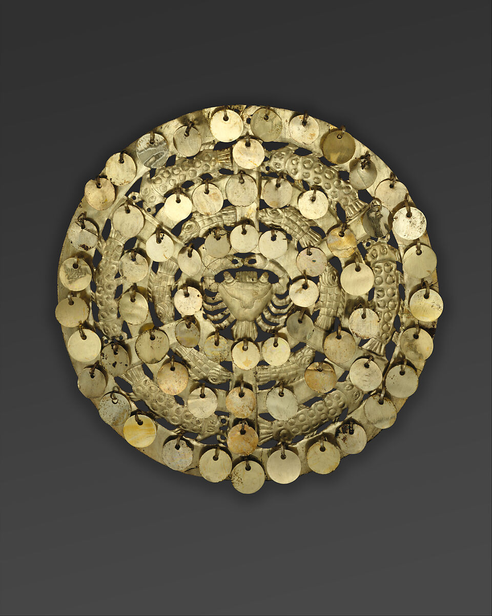 Shield with crab and fish figures, Moche artist(s), Gilded copper, Moche