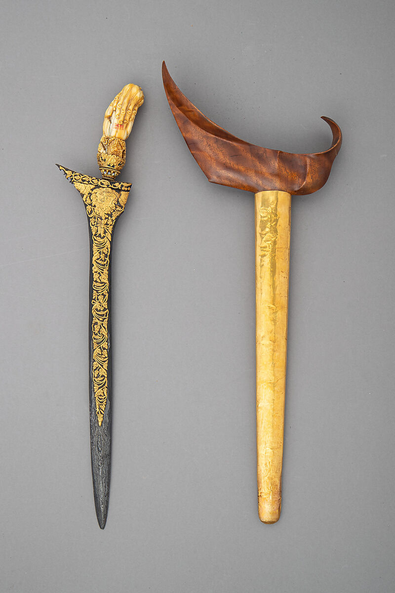 Kris with Sheath, Steel, gold, ivory, wood, diamonds, Javanese, blade and grip, Cirebon