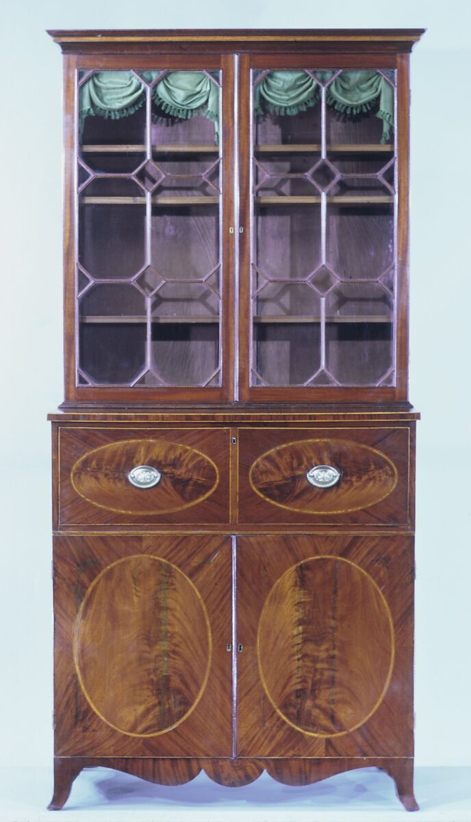 Secretary and bookcase, Mahogany, satinwood, ebony with white pine, cedar, American