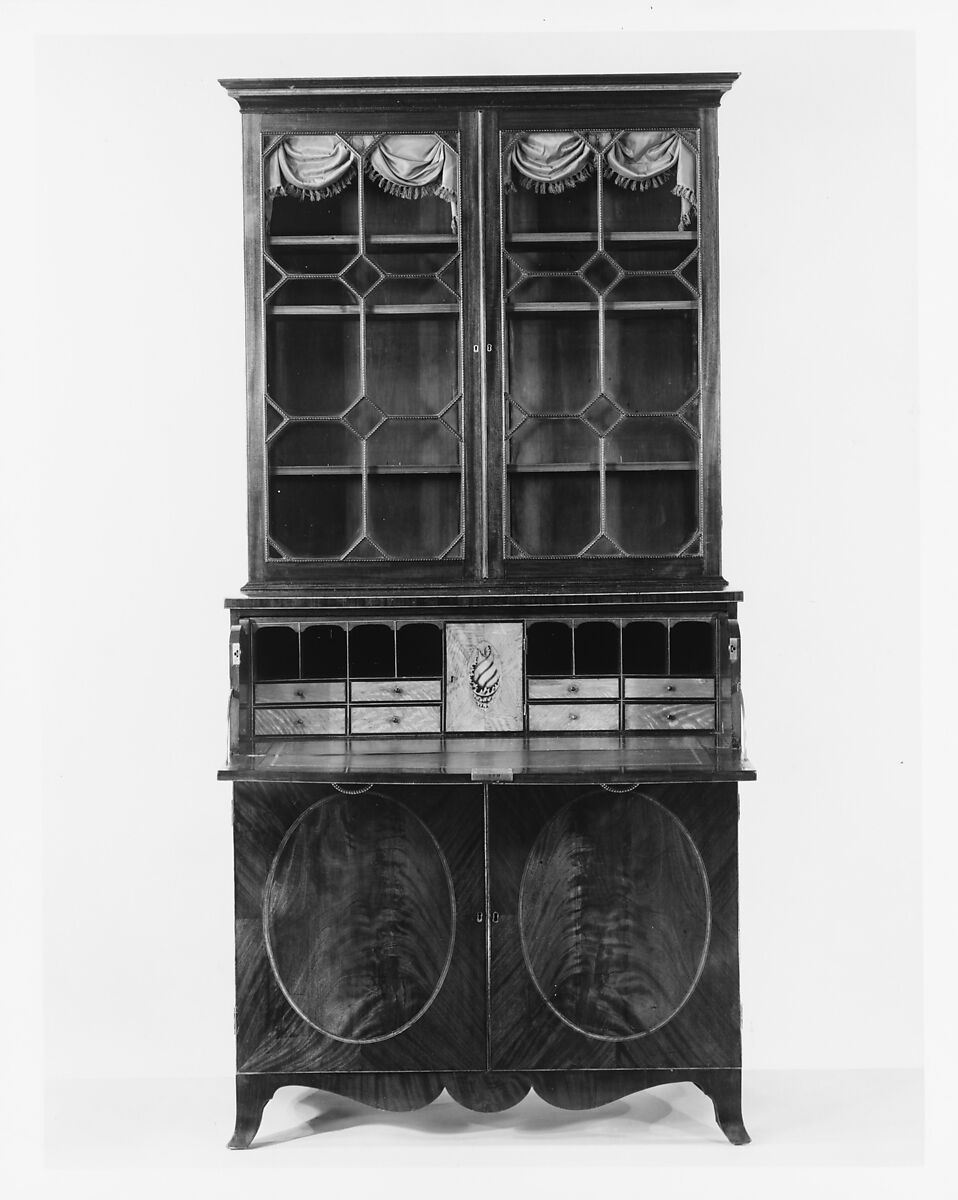 Secretary and bookcase, Mahogany, satinwood, ebony with white pine, cedar, American