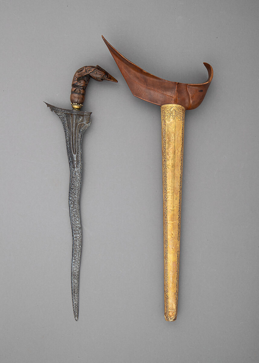 Kris with Sheath and Kingfisher Hilt, Steel, wood, gold, Javanese, grip possibly Thailand or Sumatera Utara