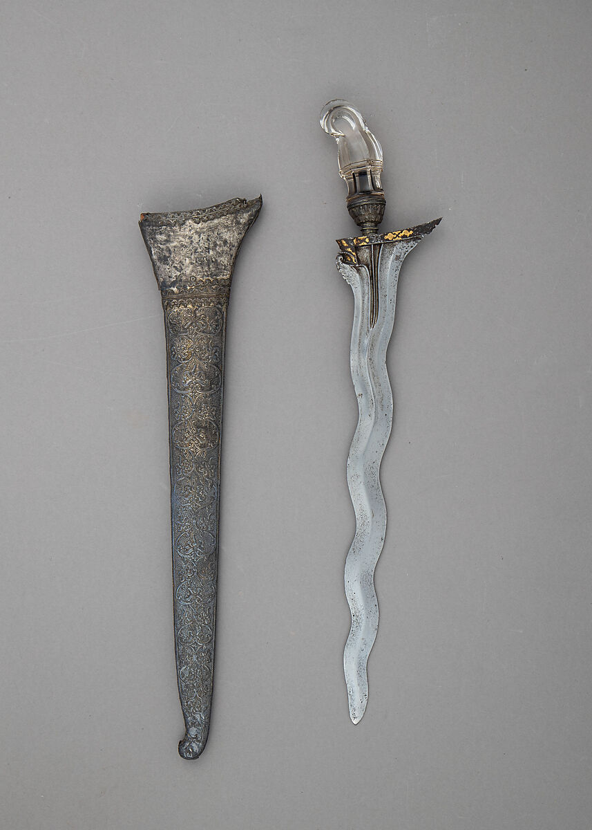 Kris with Sheath, Steel, wood, crystal, gold, silver, Javanese