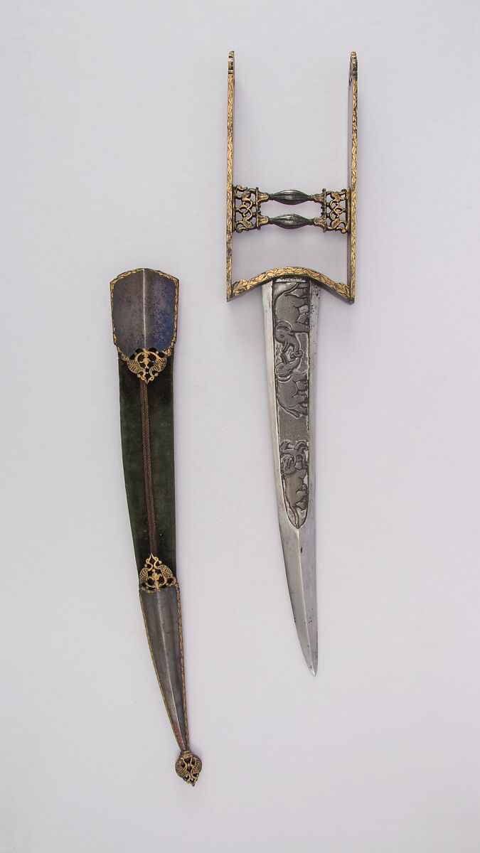 Dagger (Katar) with Sheath, Steel, gold, velvet, wood, North Indian 