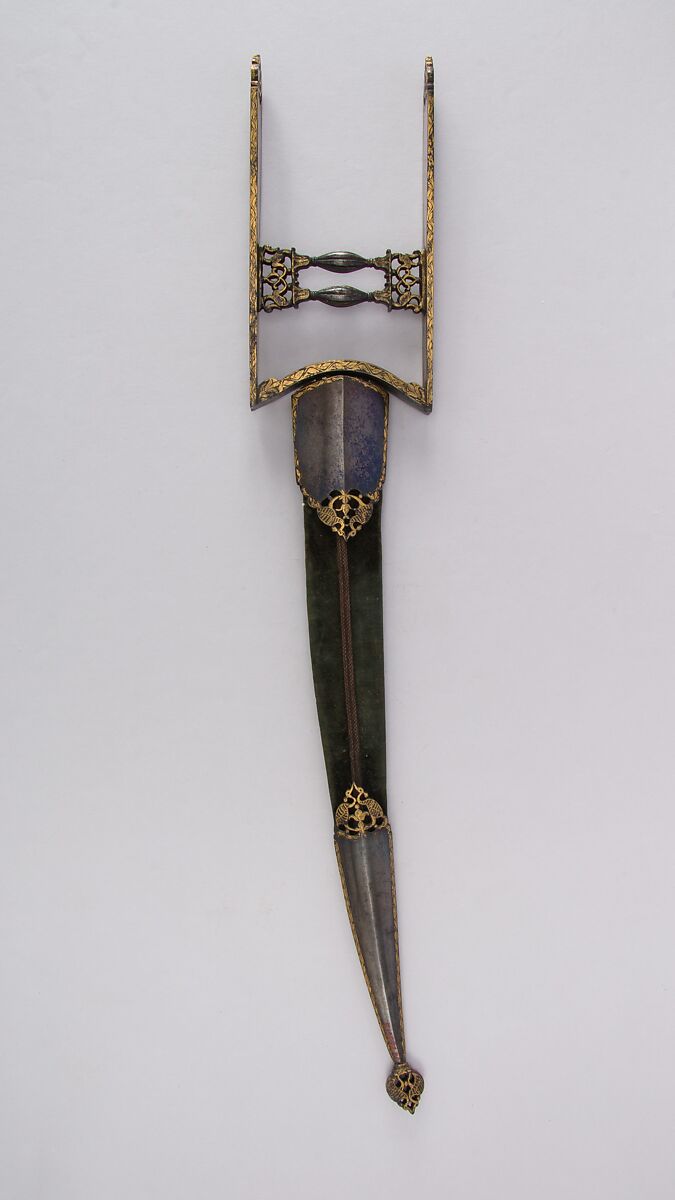 Dagger (Katar) with Sheath, Steel, gold, velvet, wood, North Indian