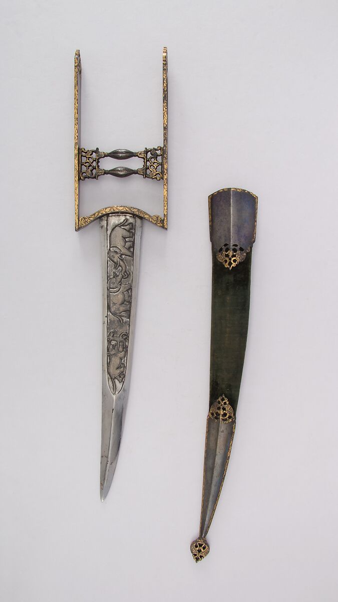 Dagger (Katar) with Sheath, Steel, gold, velvet, wood, North Indian