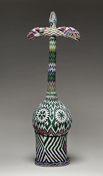 Ceremonial Palm Wine Vessel, Grassfields artists, Gourd, glass beads, cloth, cane, wood, Grassfields region