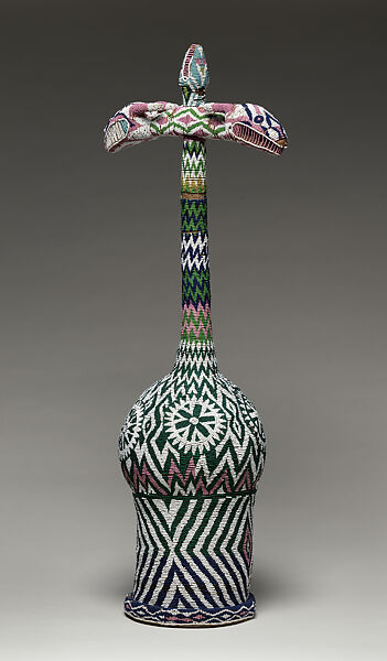 Ceremonial Palm Wine Vessel, Gourd, glass beads, cloth, cane, wood, Grassfields region 