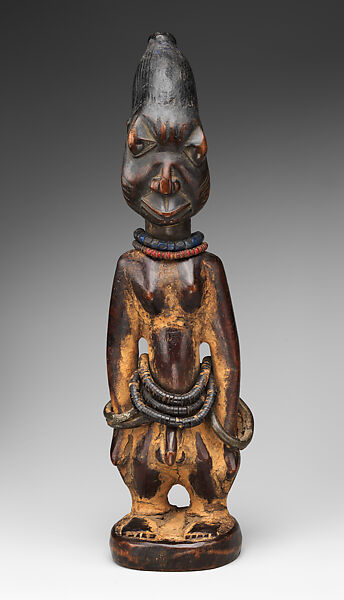 Twin Figure: Male (Ibeji), Wood, beads, camwood powder, metal, indigo, Yoruba peoples, Oyo group 