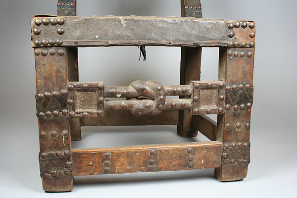 Chair with Openwork Back, Wood, hide, brass tacks, brass plaques, Anyi, Ano group or Baule (?)