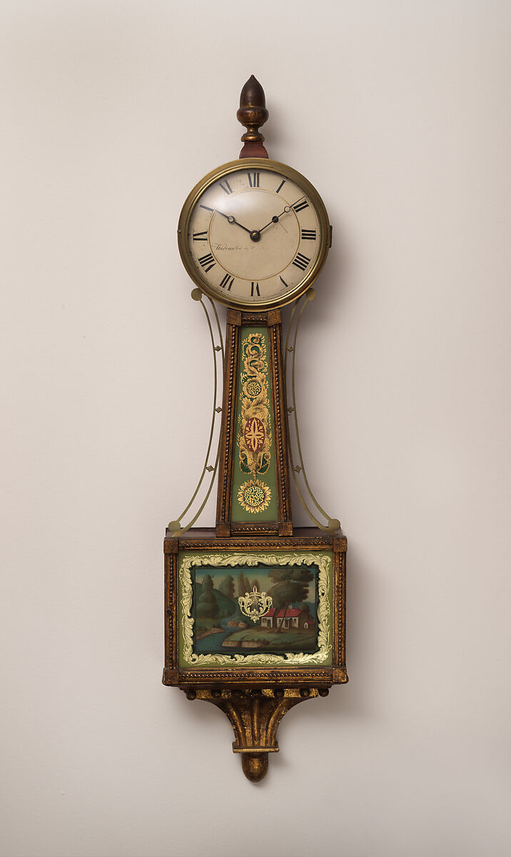 Banjo clock, Curtis and Dunning (1816–ca. 1833), Mahogany, gilded gesso, verre églomisé tablets, American 