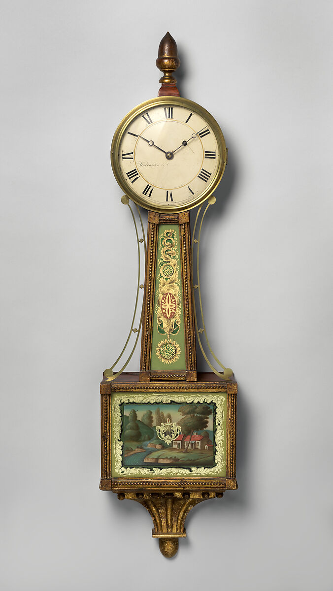 Banjo clock, Curtis and Dunning (1816–ca. 1833), Mahogany, gilded gesso, verre églomisé tablets, American