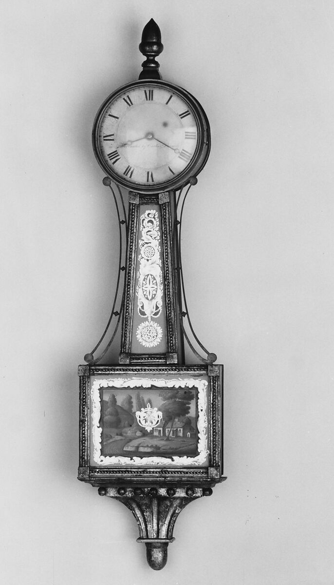 Banjo clock, Curtis and Dunning (1816–ca. 1833), Mahogany, gilded gesso, verre églomisé tablets, American