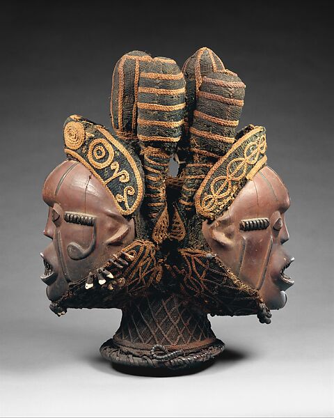 Headdress: Janus (Nkuambok), Wood, cotton, metal, cane, pigment, teeth, Boki peoples 