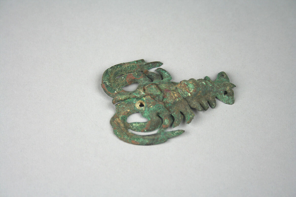 Animal Ornament, Silvered copper, shell, Moche 
