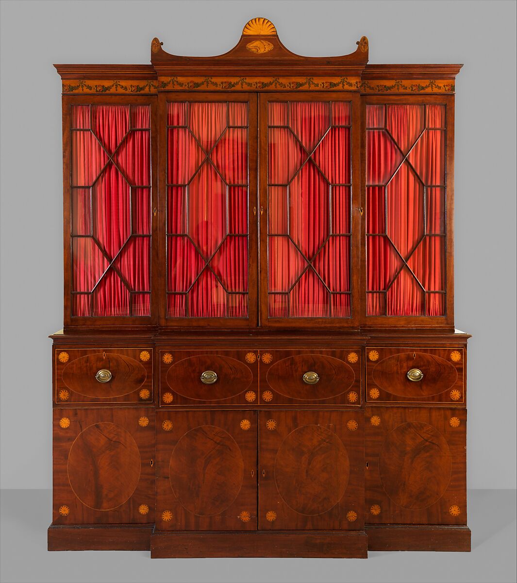 Secretary and bookcase, Mahogany, mahogany and satinwood
veneers with white and yellow pine,
yellow poplar, cedar, American 