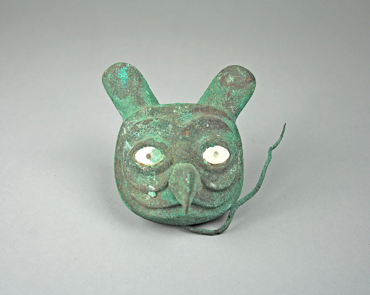 Owl Head, Gilded copper, shell, Moche 