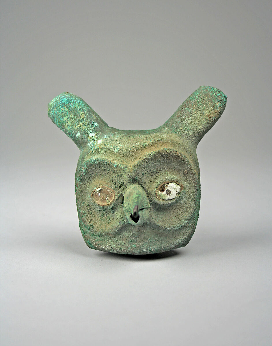 Owl Head, Gilded copper, shell, Moche 