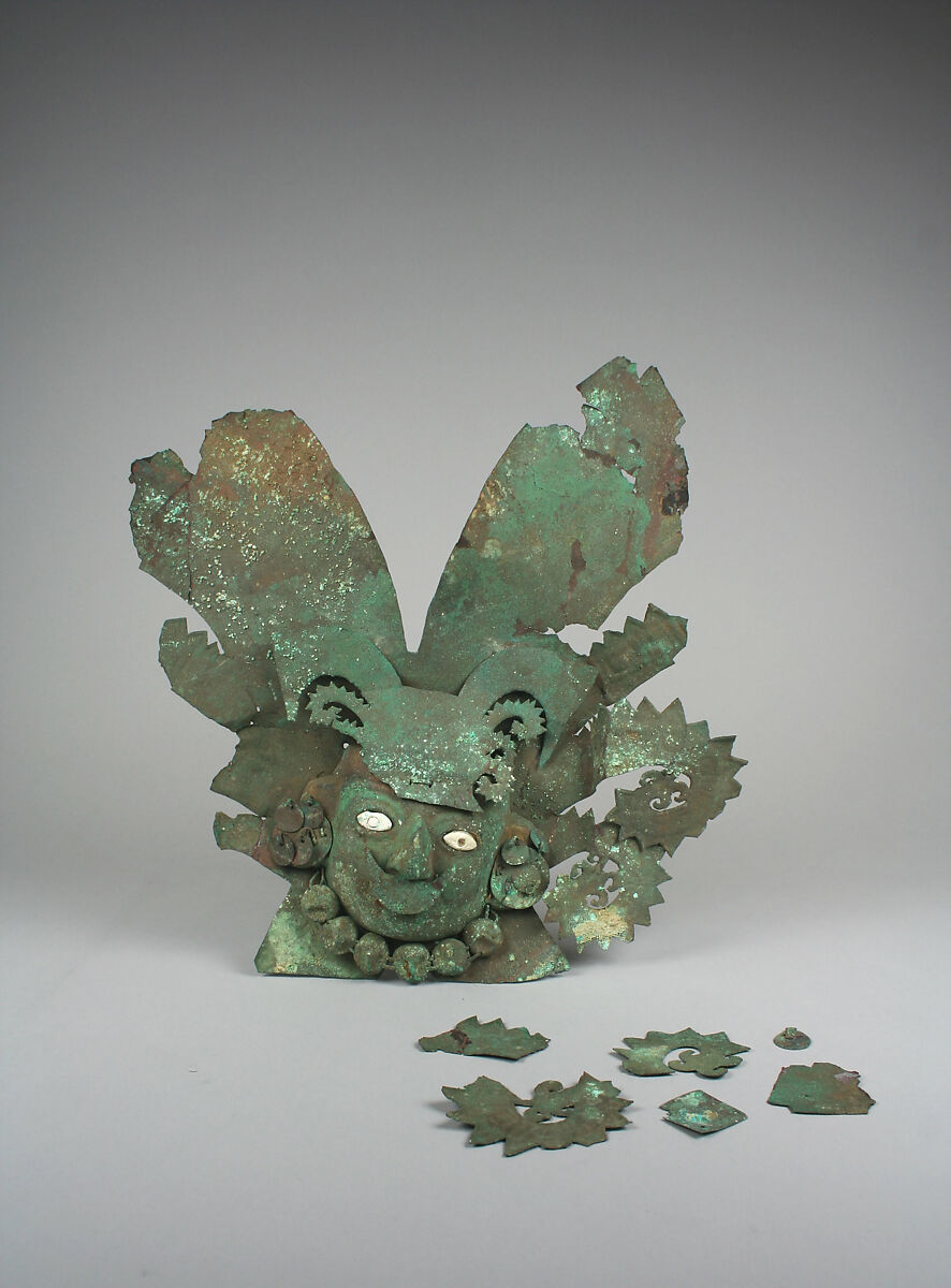 Mask with Headdress, Silvered copper, shell, Moche
