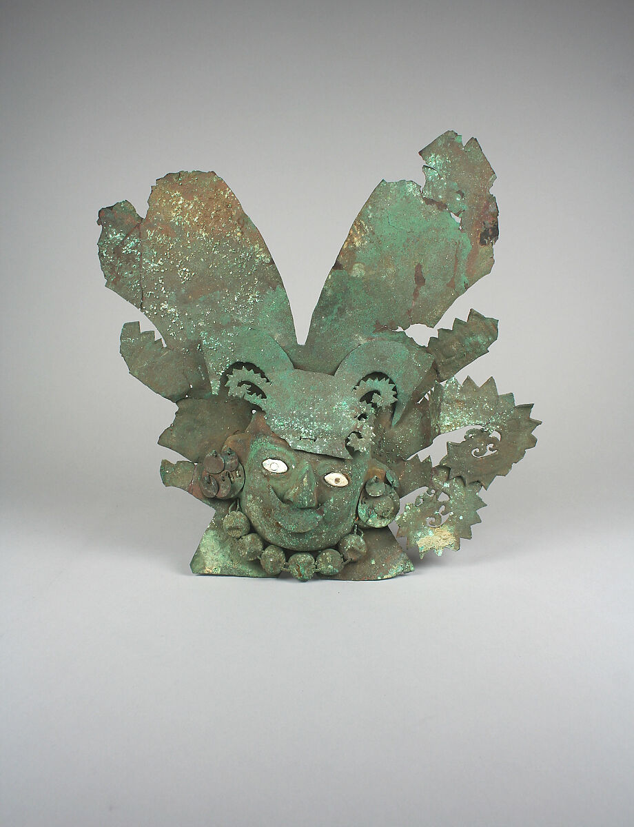 Mask with Headdress, Silvered copper, shell, Moche 