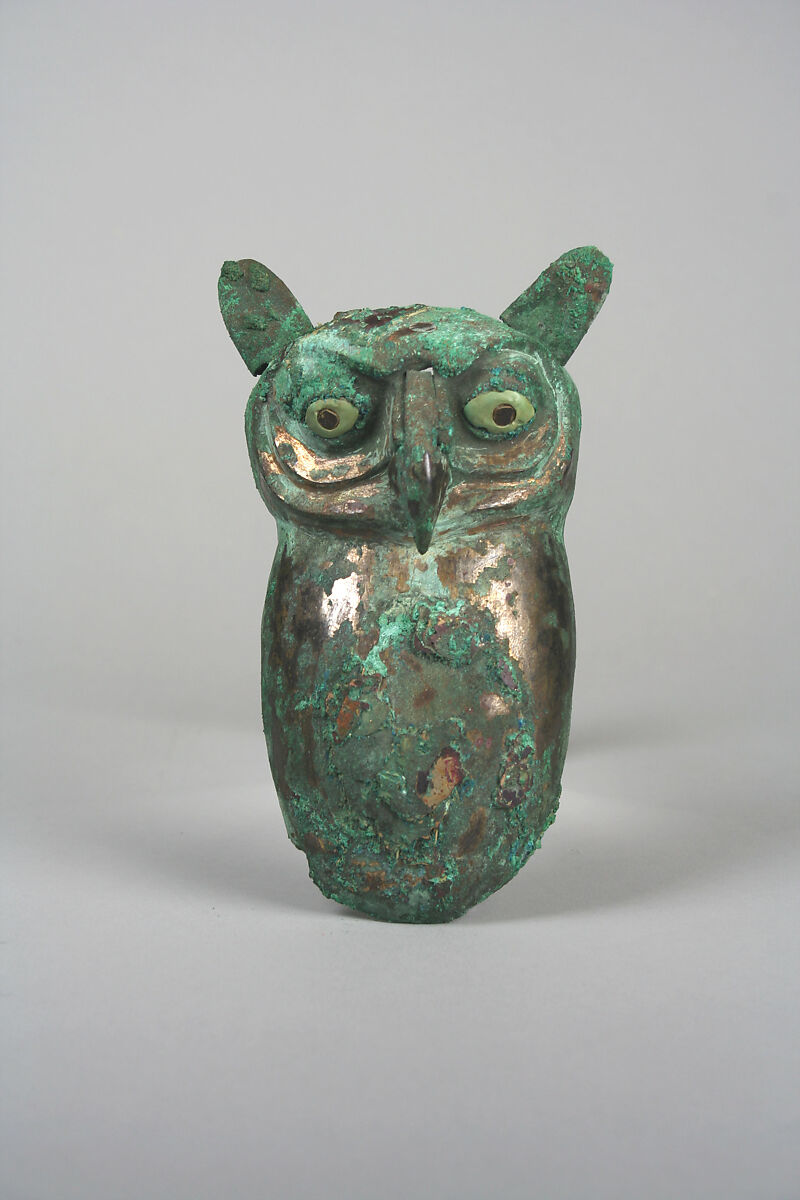 Owl, Silvered copper,  shell, pyrite, Moche 